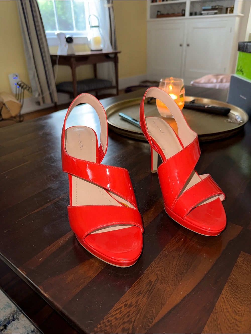 Tahari Bright Red-Orange Patent Slingback Heels